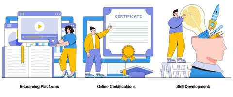 e-learning plataformas, en línea certificaciones, habilidad desarrollo concepto con personaje. digital educación resumen vector ilustración colocar. empoderamiento, carrera crecimiento, continuo aprendizaje metáfora