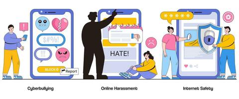 Cyberbullying, Online Harassment, Internet Safety Concept with Character. Digital Security Abstract Vector Illustration Set. Protection, Awareness, Positive Digital Experiences Metaphor