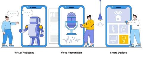 virtual asistente, voz reconocimiento, inteligente dispositivos concepto con personaje. digital compañeros resumen vector ilustración colocar. conveniencia, eficiencia, voz activada controlar metáfora