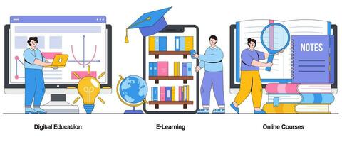 Digital Education, E-Learning, Online Courses Concept with Character. Virtual Learning Abstract Vector Illustration Set. Knowledge Acquisition, Flexibility, Educational Journeys Metaphor