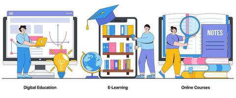 digital educación, aprendizaje electrónico, en línea cursos concepto con personaje. virtual aprendizaje resumen vector ilustración colocar. conocimiento adquisición, flexibilidad, educativo viajes metáfora