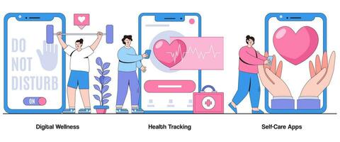 Digital Wellness, Health Tracking, Self-Care Apps Concept with Character. Well-Being Technology Abstract Vector Illustration Set. Balance, Self-Improvement, Holistic Health Metaphor