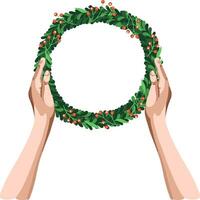 Christmas wreath in hands. Perfect for greeting postcards and invitations. Xmas and happy new year. Vector. vector