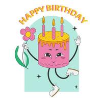 Groovy cake with funny face and candles. Cute retro character with flower. Happy Birthday. vector