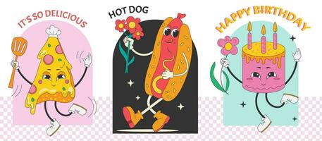 Set of fast food characters. Pink cake sticker with flowers. Flyir with groovy slice of pizza with cheese. Hot Dog cartoon style vector