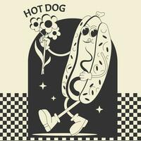 Groovy cute Hot Dog with flower cartoon style. Retro flyir with sausage character and groovy background. vector