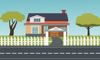 Suburban houses, street with cottages with garages. A street of houses with green trees and a road in perspective. Village. Vector illustration in cartoon style.