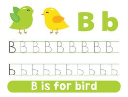 Tracing alphabet letter b with cute birds. Worksheet for children. vector