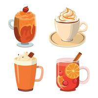Autumn hot drinks collection. Hot chocolate, pumpkin spice coffee, cocoa with whipped cream and mulled wine. Fall holidays banner design. Isolated on white background vector