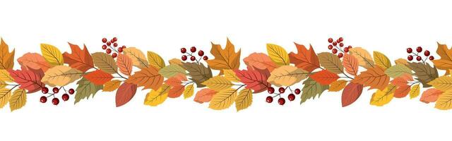 Autumn forest leaves and berries horizontal seamless border. Great design for Thanksgiving day, harvest holiday. Isolated on white background. vector