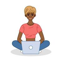 Programmer, tester, web designer girl character cartoon illustration. African American Woman Software developer at computer. Testing, coding, programming concept. Flat vector illustration.