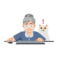 Elderly people using computer concept. Programmer tester female character cartoon illustration. Elderly woman at computer. Grandmother with pc, laptop. Flat vector illustration isolated on white.