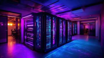 Generative AI, Data Center, modern high technology server room in purple neon colors. Modern telecommunications, cloud computing, artificial intelligence, database. photo