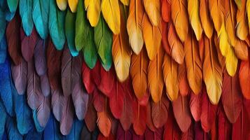 Generative AI, Beautiful rainbow colorful closeup feathers, photorealistic background, top view, aerial view. Small fluffy, inspired by Andreas Gursky and Andy Goldsworthy photo