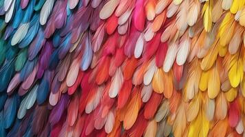 Generative AI, Beautiful rainbow colorful closeup feathers, photorealistic background, top view, aerial view. Small fluffy, inspired by Andreas Gursky and Andy Goldsworthy photo
