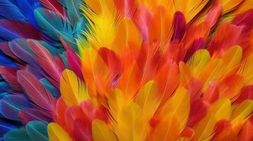 Generative AI, Beautiful rainbow colorful closeup feathers, photorealistic background, top view, aerial view. Small fluffy, inspired by Andreas Gursky and Andy Goldsworthy photo