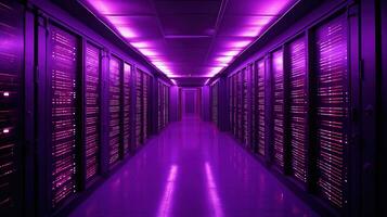 Generative AI, Data Center, modern high technology server room in purple neon colors. Modern telecommunications, cloud computing, artificial intelligence, database. photo