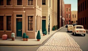 Generative AI, cute street made of crochet, houses, trees, road, cars. Soft colors, dreamy scene cityscape made of crochet materials, wool, fabric, yarn, sewing for background photo