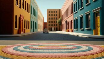 Generative AI, cute street made of crochet, houses, trees, road, cars. Soft colors, dreamy scene cityscape made of crochet materials, wool, fabric, yarn, sewing for background photo