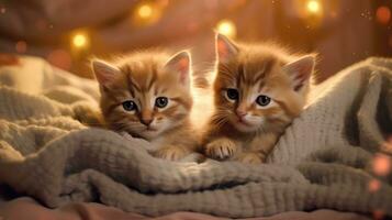 Cute kittens on a blanket on bed at night. Generative AI photo