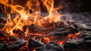 Close up of burning coals from a fire. Generative AI photo