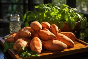 Raw sweet potatoes whole and cut. Generative AI photo