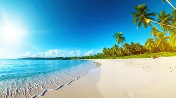 Illustration image, beach scene with crystal-clear turquoise waters, powdery white sand, palm leaves, sparkling waves and blue sunny sky, with copy space, illustration photo