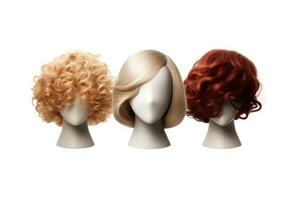 Hair wig over the plastic mannequin head isolated over the white background, mockup featuring contemporary women's hairstyles, Generative AI illustration photo