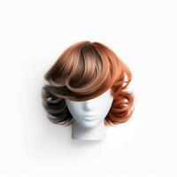 Hair wig over the plastic mannequin head isolated over the white background, mockup featuring contemporary women's hairstyles, Generative AI illustration photo