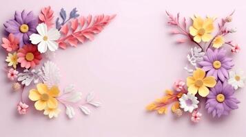 Floral border frame card template. multicolor flowers, leaves, for banner, wedding card. Springtime composition with copy-space, illustration photo