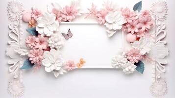 Floral border frame card template. multicolor flowers, leaves, for banner, wedding card. Springtime composition with copy-space, Generative AI illustration photo