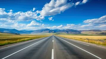 Illustration image of landscape with country road, empty asphalt road on blue cloudy sky background. Multicolor vibrant outdoors horizontal image, Generative AI illustration photo