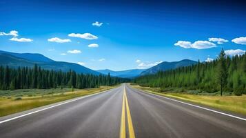 ilustración imagen de paisaje con país camino, vacío asfalto la carretera en azul nublado cielo antecedentes. multicolor vibrante al aire libre horizontal imagen, generativo ai ilustración foto