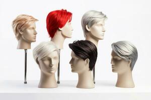 Hair wig over the plastic mannequin head isolated over the white background, mockup featuring contemporary men hairstyles, Generative AI illustration photo