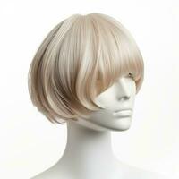 Hair wig over the plastic mannequin head isolated over the white background, mockup featuring contemporary women hairstyles, Generative AI illustration photo
