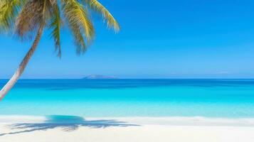 ilustración imagen, playa escena con claro como el cristal turquesa aguas, en polvo blanco arena, palma hojas, espumoso olas y azul soleado cielo, con Copiar espacio, generativo ai ilustración foto