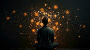 humano meditar, yoga. psíquico humano considera mente y corazón. espiritualidad, esoterismo, con bokeh desenfocado luces. universo, psíquico olas concepto, generativo ai ilustración foto