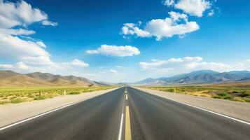 Illustration image of landscape with country road, empty asphalt road on blue cloudy sky background. Multicolor vibrant outdoors horizontal image, Generative AI illustration photo