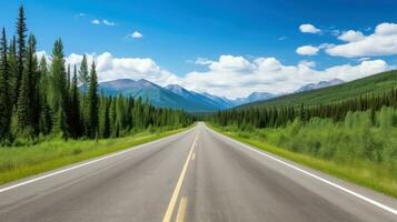 Illustration image of landscape with country road, empty asphalt road on blue cloudy sky background. Multicolor vibrant outdoors horizontal image, Generative AI illustration photo