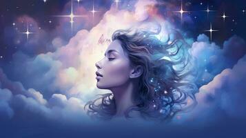 Illustration of woman sleeping and dreaming. Psychic girl considers mind and heart, spirituality, esotericism. Psychic waves concept, Generative AI illustration photo