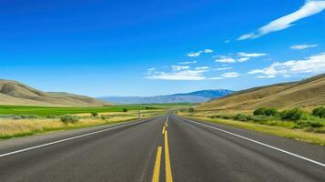 ilustración imagen de paisaje con país camino, vacío asfalto la carretera en azul nublado cielo antecedentes. multicolor vibrante al aire libre horizontal imagen, generativo ai ilustración foto