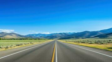 Illustration image of landscape with country road, empty asphalt road on blue cloudy sky background. Multicolor vibrant outdoors horizontal image, Generative AI illustration photo