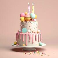 3d illustration of cute birthday cake, Sweet cake for a surprise birthday, for anniversary and celebration ,mother day, Valentine day, sweet food, cupcake, Generative AI illustration photo
