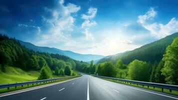 Illustration image of landscape with country road, empty asphalt road on blue cloudy sky background. Multicolor vibrant outdoors horizontal image, Generative AI illustration photo