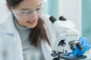 Scientist analyze biochemical samples in advanced scientific laboratory. Medical professional use microscope look microbiological developmental of viral. Biotechnology research in science lab. photo