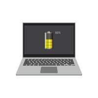 Laptop computer with low battery icon on screen, flat vector illustration EPS 10.
