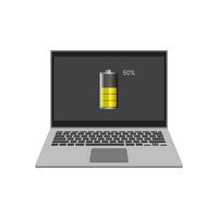 Laptop computer with low battery icon on screen, flat vector illustration EPS 10.