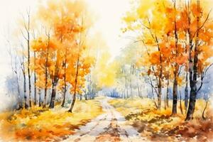 Autumn forest landscape colorful watercolor painting of fall season photo