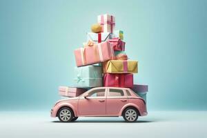 A car piled high with many gifts on pastel background photorealism photo
