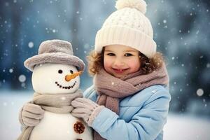 Cute fashionable snowman isolated on winter background photo